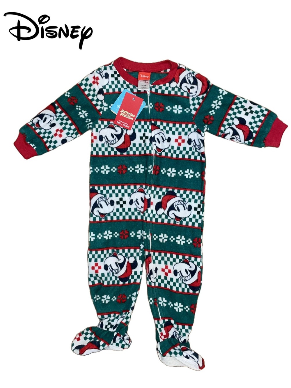 Mickey Pajamas •
Disney • Green & Red Mickey Holiday Footed One-Piece Pajamas